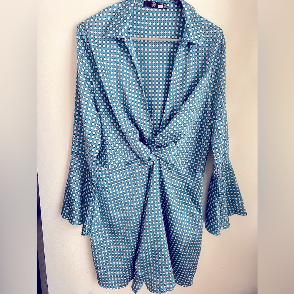 ASOS - Satin Feel Mini Dress - Blue w/ White Polka Dots - Size 12